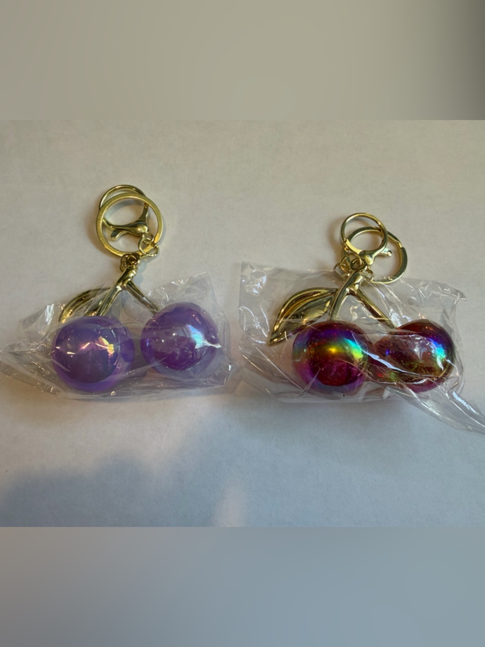 Cherry Bag Charm Keychain Gold Tone | Purple or Red Iridescent NWOT